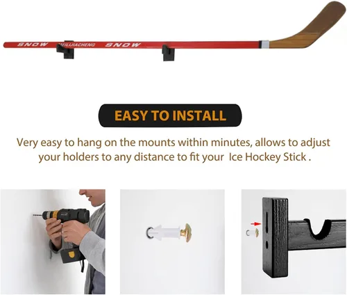 Vista 5 de TOBWOLF - 2 vitrinas de palo de hockey, soporte para colgar palos de hockey, soporte horizontal para palo de hockey de montaje en pared, soporte