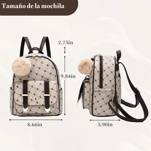 Vista 7 de I IHAYNER Mochila de moda para niñas, mini mochila para mujeres, adolescentes y niñas, monederos de piel sintética con pompón, bolsa de hombro Beige