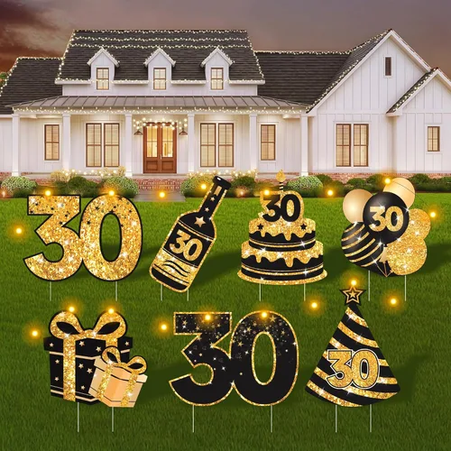 Vista 21 de Decoraciones de cumpleaños número 13 para niñas - 7 piezas de letreros de cumpleaños rosas para el patio con estacas, 2 piezas de luces LED Rosa 13