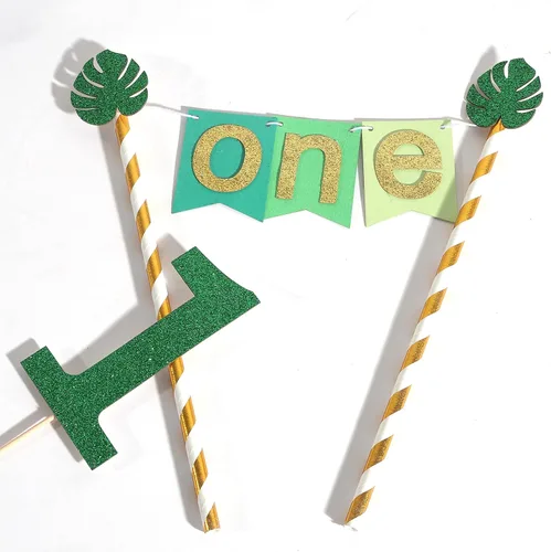 Vista 2 de Wild One Jungle Safari - Decoración para pastel de primer cumpleaños, purpurina dorada y verde, accesorios para tartas