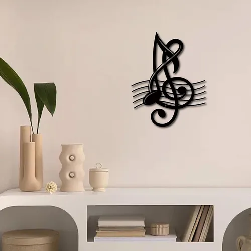 Vista 5 de CREATCABIN Notas musicales de metal para decoración de pared, letreros de pared negros para colgar en hierro, escultura de adorno de metal