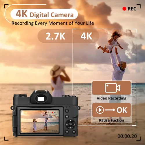 Vista 2 de Cámara digital 4K, cámara de vlogging con WiFi para YouTube, enfoque automático 16X Zoom 48MP Cámaras Fotografía Tarjeta SD de 64 GB, Gran Angular