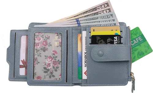 Vista 2 de Mini cartera plegable de cuero suave con protección RFID, para mujer, con funda para tarjeta, con ventana de identificación, monedero