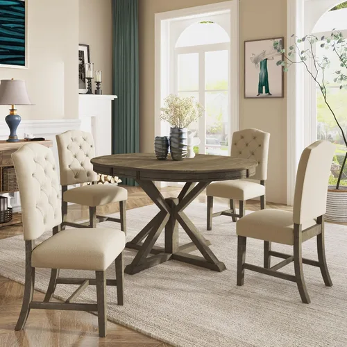 Vista 25 de Farmhouse - Juego de mesa de comedor de 5 piezas, mesa de comedor redonda extensible con 4 cómodas sillas tapizadas, juego de muebles funcionales