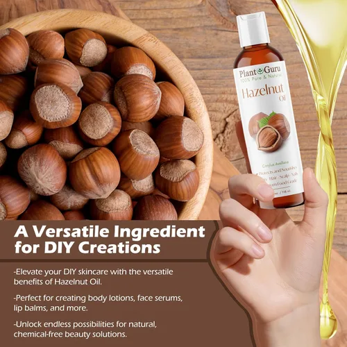 Vista 7 de Plant Guru Aceite de avellana de 4 onzas líquidas. Presionado en frío, 100% puro, natural, hidratante para el crecimiento de la piel, la cara