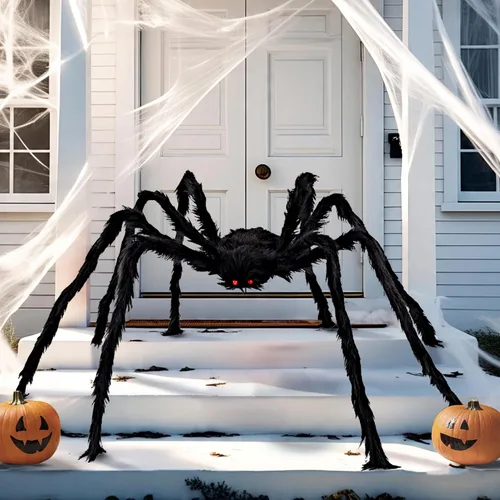 Vista 9 de KatchOn, Araña gigante peluda negra de Halloween, 6.5 pies, araña falsa plegable para decoración de Halloween al aire libre Decoración de verano