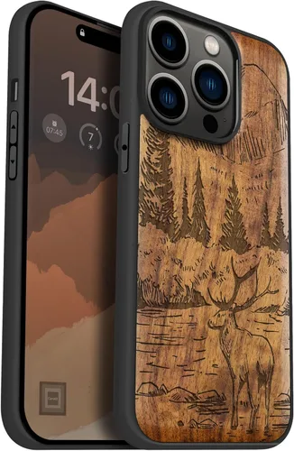 Vista 11 de Carveit Funda magnética de madera para iPhone 14 Pro, madera natural y TPU suave negro, funda protectora a prueba de golpes, funda de madera única