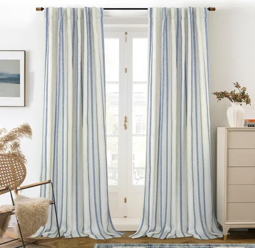 Vista 8 de DriftAway Cortinas opacas de mezcla de lino de granja de 90 pulgadas de largo para dormitorio, cortinas de lino con estampado de rayas verticales