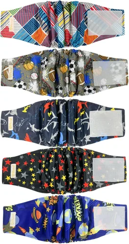 Vista 6 de Pañales para perros machos, bandas para el vientre de alta absorción para perros machos, XL, lavables, con bonitos patrones, 5 paquetes