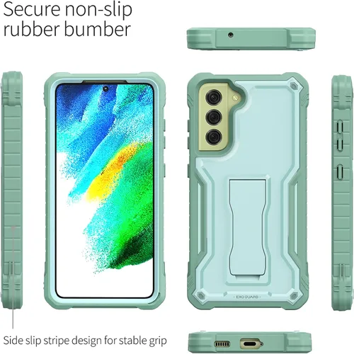 Vista 4 de ExoGuard Funda para Samsung Galaxy S21 FE, funda de goma a prueba de golpes de cuerpo completo con protector de pantalla de vidrio templado y Verde