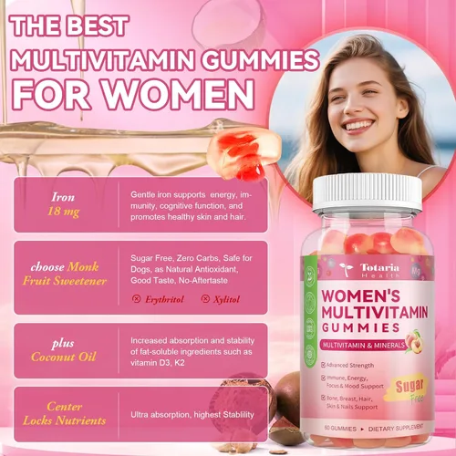 Vista 7 de Totaria Gomitas multivitamínicas sin azúcar para mujeres mayores de 14 años con hierro, inositol, folato, biotina, gomitas multivitamínicas diarias