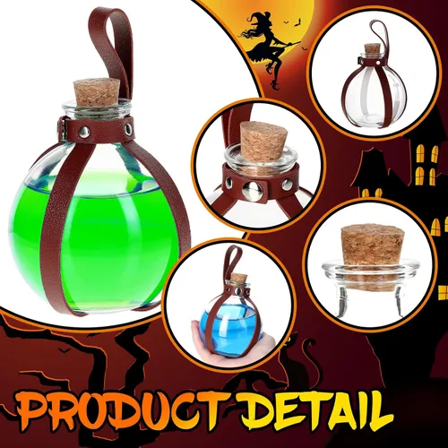 Vista 3 de Meanplan Paquete de 4 botellas de poción de corcho de Halloween, accesorios para disfraz de bruja, botellas de poción con corcho y cinturón