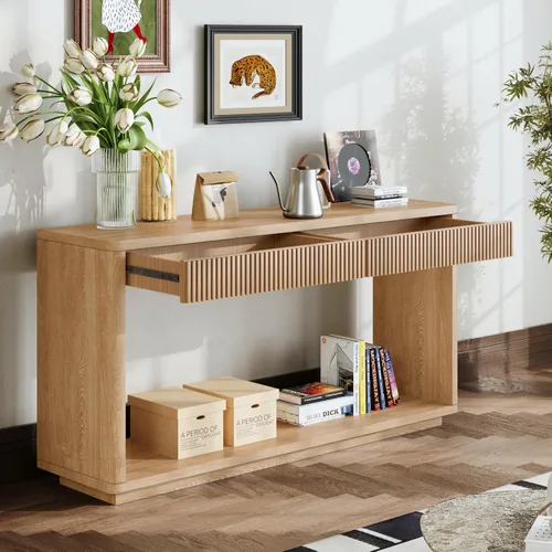 Vista 38 de 50" Modern Art Sculptural Console Table, Oval Cutout Legs, Wood Veneer, Thick Rounded Tabletop, Contemporary Entryway Sofa Table for Living Room
