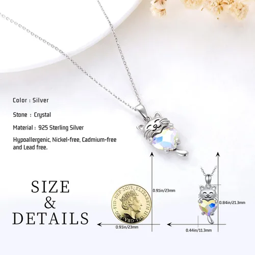 Vista 2 de JUSTKIDSTOY Collar de gato de plata de ley 925 con colgante de animal lindo con cristal de gato, regalo de joyería para mujeres y niñas amantes