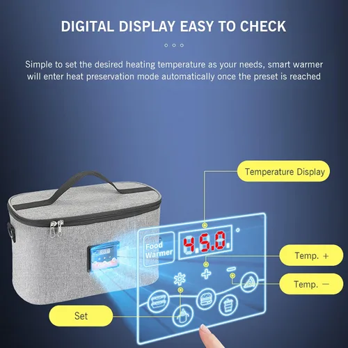 Vista 5 de Pongnas Horno portátil, calentador de alimentos para automóvil de 12 V, mini lonchera eléctrica portátil con pantalla digital, temperatura