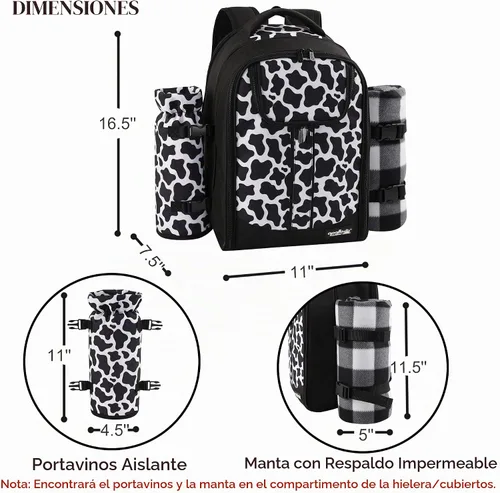 Vista 3 de apollo walker - Mochila para picnic para 2 personas con compartimento refrigerado, soporte desmontable para botella/vino, manta de forro polar Negro