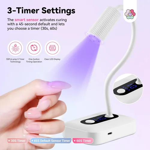 Vista 3 de SAVILAND Lámpara de uñas inteligente con sensor UV Essentials: Luz UV de cuello de ganso de 12W para uñas de gel, 3S de curado por flash, luz UV