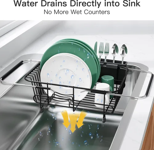 Vista 6 de Apartment RV Small Dish Drainer Drying Rack Over The Sink In Stainless Steel for Narrow Kitchen, Counter Space Saving Compact Expandable Metal Plate
