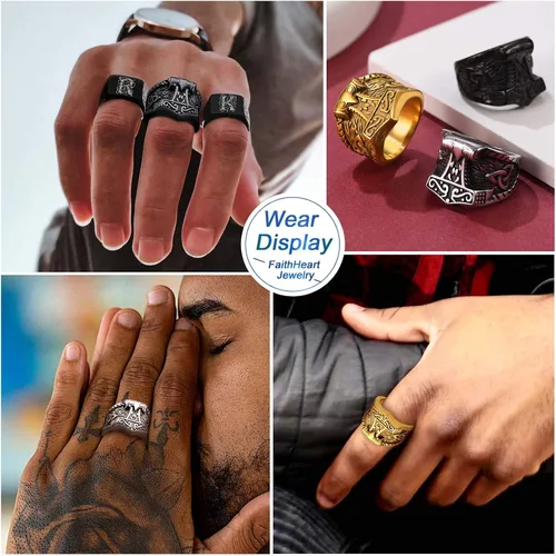 Vista 4 de FaithHeart Norse Viking Jewelry - Anillo de acero inoxidable de guerrero para hombre con diseño vikingo de cabeza de lobomartillo de Thor