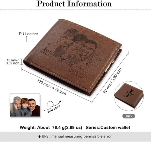 Vista 4 de Jewelstruck Billetera para hombre, billetera personalizada para hombre, carteras personalizadas para hombre, iniciales grabadas con imagen, día