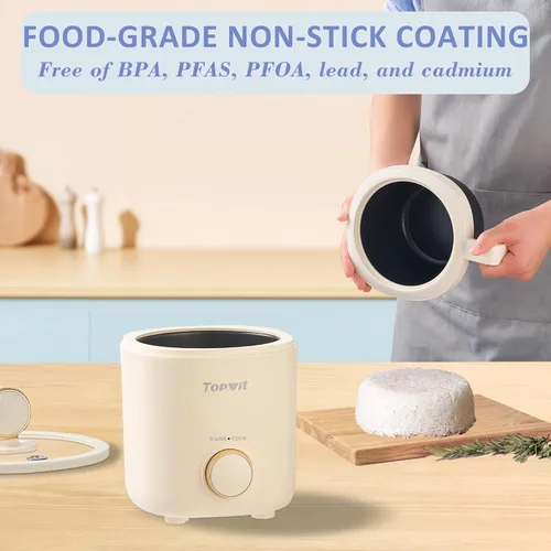 Vista 6 de TOPWIT Arrocera pequeña, mini olla arrocera para 2 tazas sin cocinar, arrocera portátil de 1.2 litros con revestimiento antiadherente, sin BPA, Beige