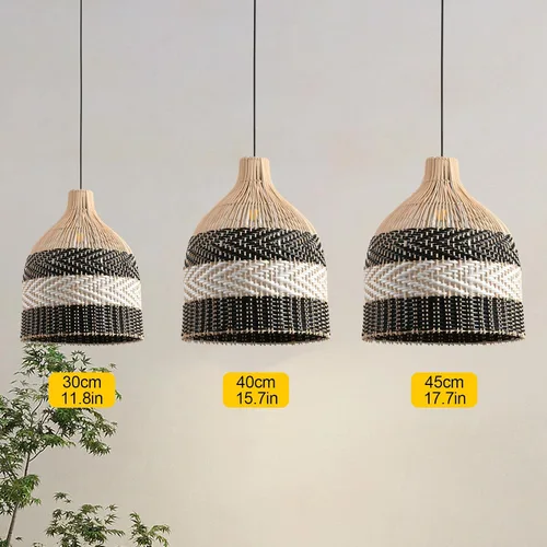 Vista 6 de Lámpara Colgante de Ratán 1 Paquete Candelabro de Cesta de Ratán Sintético Negro Blanco 11.8" Boho Tejido a Mano Ovalado de Mimbre Lámpara Colgante