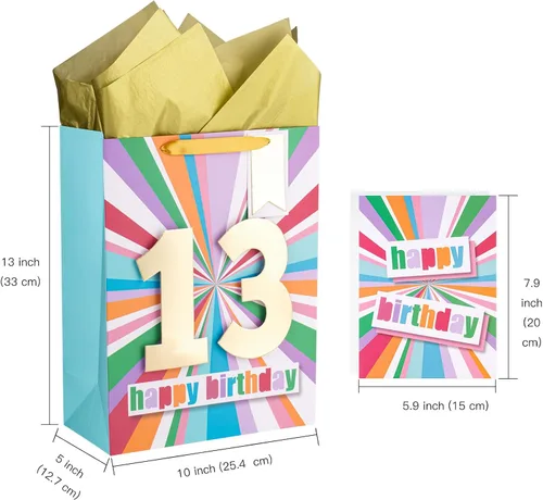 Vista 2 de WRAPAHOLIC Bolsa de regalo de cumpleaños grande de 13 pulgadas con tarjeta y papel de seda - 13 cumpleaños