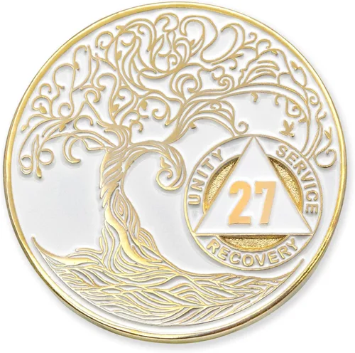 Vista 213 de 1 año Sobriety Mint Twisted Tree of Life Medallón de recuperación AA chapado en oro, chip/ficha - negro