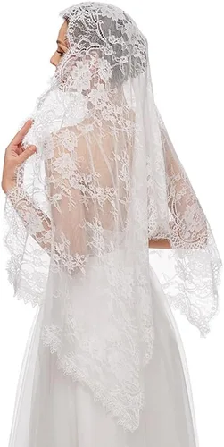 Vista 5 de Velo de mantilla de encaje, bufanda de encaje floral vintage, triángulo blanco, velo de boda, velos largos de capilla, iglesia católica de misa