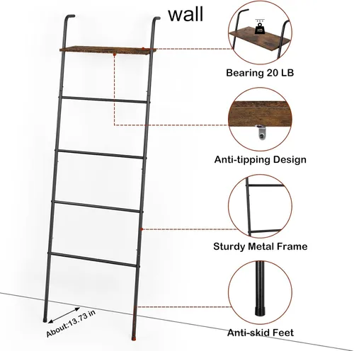 Vista 6 de Soporte de Escalera para Mantas para Sala de Estar Estilo Granja, Soporte Decorativo de Escalera con Estante de Almacenamiento, Perchero de Pared
