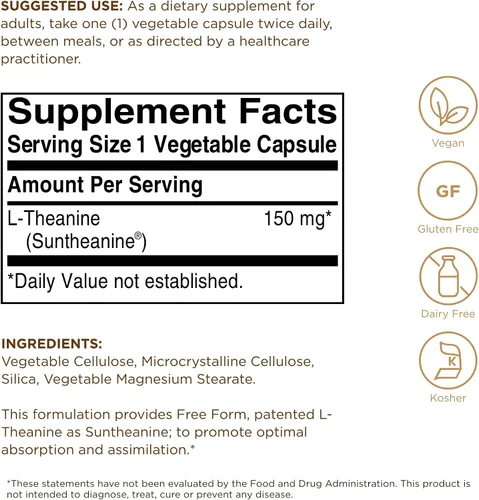 Vista 2 de Solgar L-teanina 150 mg, 60 cápsulas vegetales – Apoyo al estado de ánimo – Promueve la relajación – Vegano, sin gluten, sin lácteos, Kosher – 60