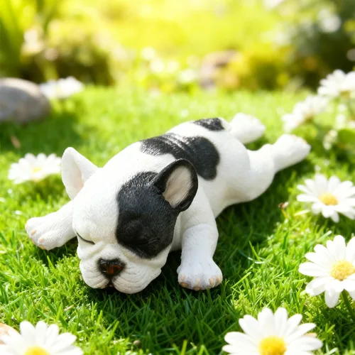 Vista 4 de Figura de bulldog francés durmiendo, estatua creativa de bulldog de resina, linda escultura de bulldog para decoración del hogar y la oficina