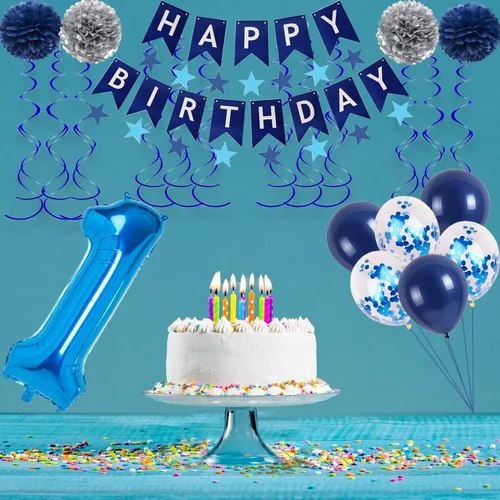 Vista 3 de Decoraciones azules para fiesta de cumpleaños número 15, pancarta de feliz cumpleaños, globos de número 15, serpentinas de estrellas azules