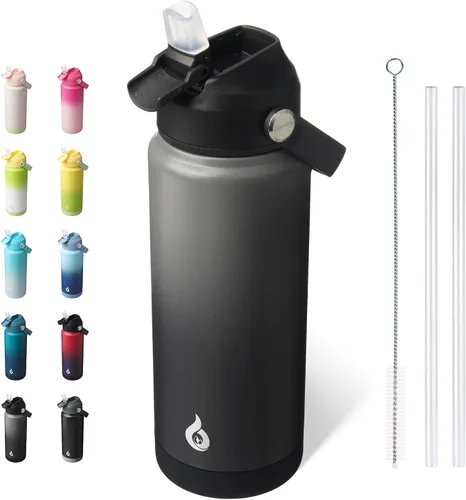 Vista 24 de BJPKPK - Botella de agua aislada con tapa de popote, 532 ml Botellas termo con boquilla suave, asa flexible y base antideslizante, libre de BPA, a