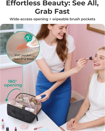 Vista 2 de BAGSMART Bolsa de Maquillaje de Viaje para Mujeres, Estuche Cosmético Portátil Resistente al Agua, Organizador de Maquillaje Acolchado Abultado
