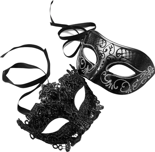 Vista 20 de MASQ Par de máscaras de encaje brocado para mascarada, Mardi Gras, cumpleaños, graduación, boda, fiesta Bk Lace W Pluma