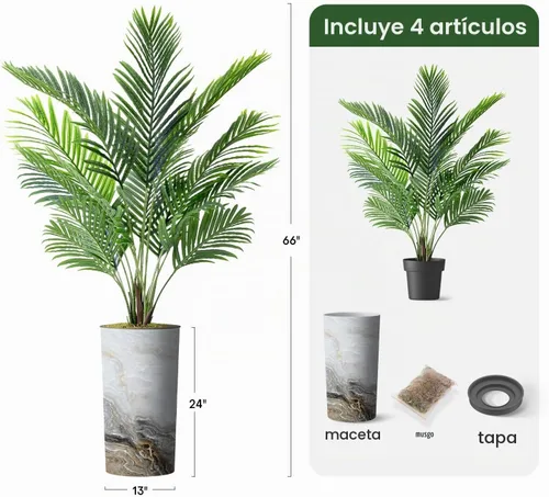 Vista 3 de Árbol artificial en macetero con efecto de granito moderno, palmera tropical areca artificial de seda para decoración del hogar en interiores