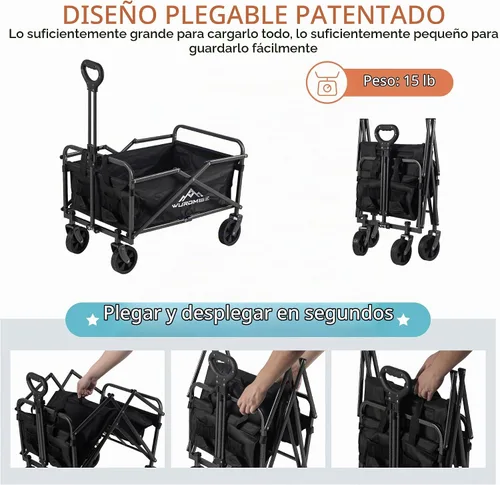 Vista 6 de WUROMISE Beach Wagon - Carro de carro con ruedas plegable, carrito de jardín resistente con ruedas giratorias, gran capacidad y mango ajustable