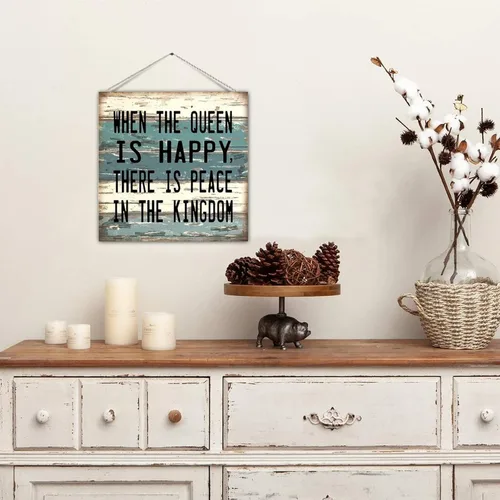 Vista 5 de Placa de madera de estilo Shabby Chic con texto en inglés "Saying When The Queen Is Happy There Is Peace in The Kingdom", rústico de madera antigua