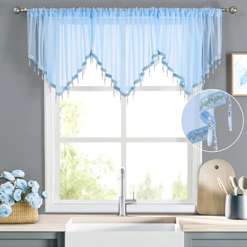 Vista 14 de WUBODTI Cortinas transparentes con cenefa con cuentas negras para ventanas, 1 unidad, cenefas de cortina semitransparentes para dormitorio y cocina