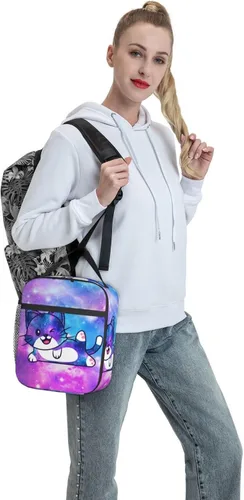 Vista 7 de Lonchera térmica con estampado de gatos Galaxy con asa desmontable, lonchera reutilizable para niñas, niños y adultos