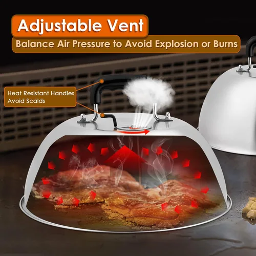 Vista 4 de Leonyo Juego de 2 cúpula para derretir queso, acero inoxidable redondo de 12 pulgadas con ventilación ajustable, tapa profesional de cúpula