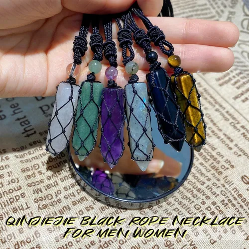 Vista 6 de QINJIEJIE Collar de cristal de cruz ajustable, cuerda negra, piedras preciosas naturales, collares de piedra de cuarzo para hombres y mujeres