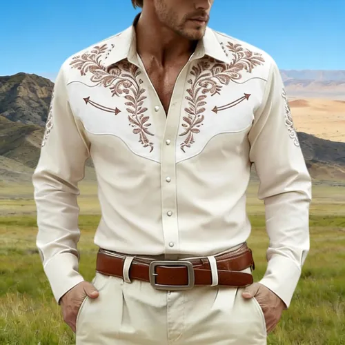 Vista 2 de Camisas occidentales para hombre, manga larga, con solapa bordada, color negro, vestido de festival para hombres, ropa vaquera, ropa floral