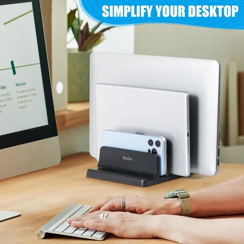 Vista 10 de Ryvlan Soporte vertical para laptop, almacenamiento ajustable de 3 ranuras para laptop con acolchado de goma, soporte múltiple para computadora