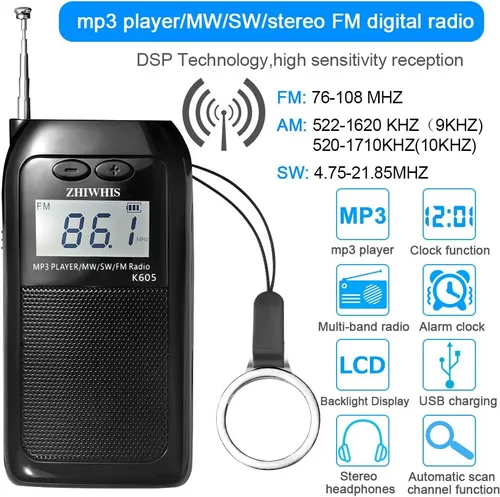 Vista 2 de ZHIWHIS Radio portátil, radio FM AM SW transistor estéreo LCD pantalla digital de bolsillo Walkmen Radio MP3 WAV Reproductor Soporte TF Tarjeta