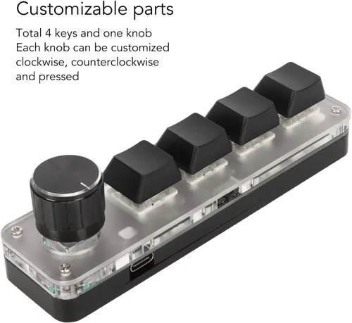 Vista 5 de Diyeeni Teclado mecánico para juegos de 4 teclas, teclado macro programable con retroiluminación RGB, teclado con una sola mano con perilla