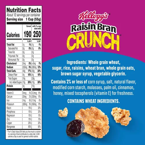 Vista 2 de Kellogg's Raisin Bran Crunch Breakfast Cereal, Good Source of Fiber, Giant Size, 24.5 oz
