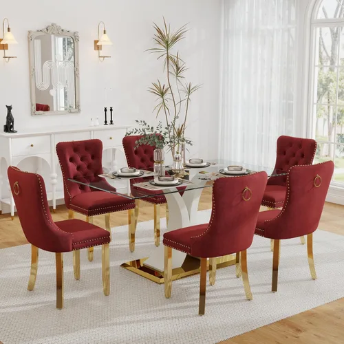 Vista 10 de Juego de comedor de cristal moderno de lujo de 7 piezas, juego de cena rectangular minimalista grande para 6, mesa de cocina de cristal transparente