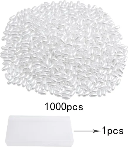 Vista 2 de 1000 cuentas de perlas ovaladas lisas de arroz de avena, cuentas espaciadoras sueltas de plástico con una caja de plástico para pulseras